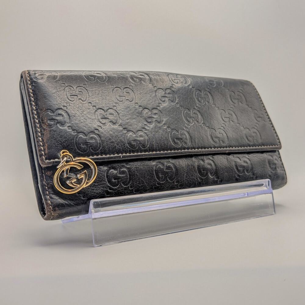 Auth Gucci Guccissima Long Wallet in Dark Brown & Gold w/ Charm, with Box